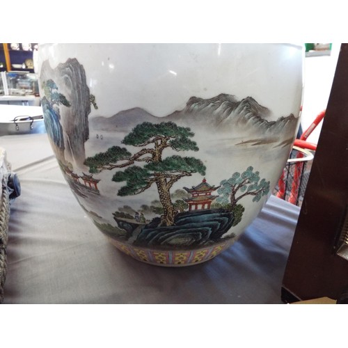 480 - A pair of Chinese famille rose large fish bowls with pictorial landscape scene and verse 16 1/2