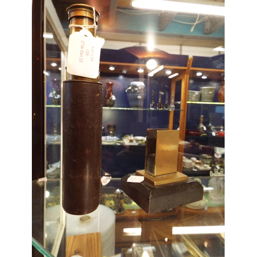 120 - A Britannic brass and leather three sleeve telescope A/F and a matchbox holder