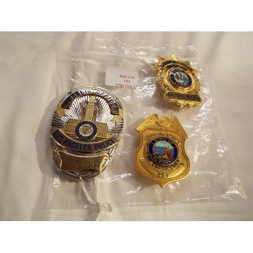 131 - Three US Police badges to include LA Police Traffic Officer, California Special Agent Law Enforcemen... 