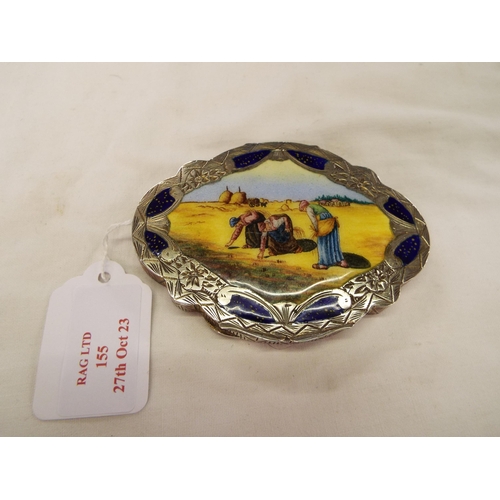 155 - An 800 silver lozenge shaped box with hand-painted farming scene