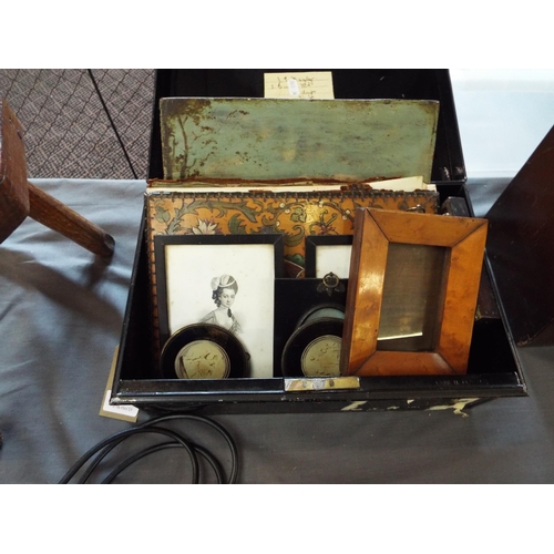 482 - A vintage deeds box, picture album, oil on board, miniatures etc