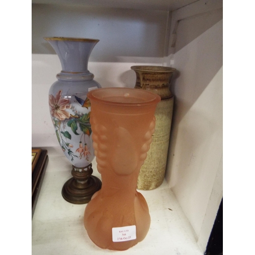 344 - A studio pottery vase, pink glass vase and another