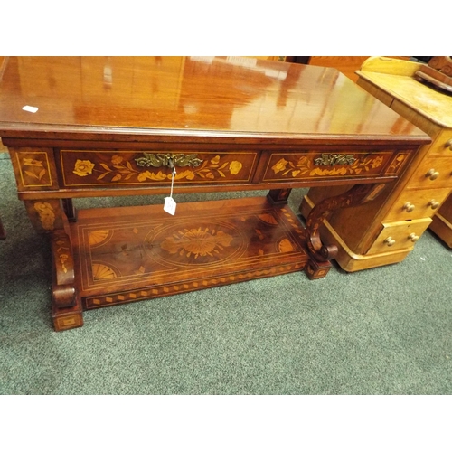 468 - A mahogany hall table having marquetry and parquetry inlay two frieze drawers and a pair of brush sl... 