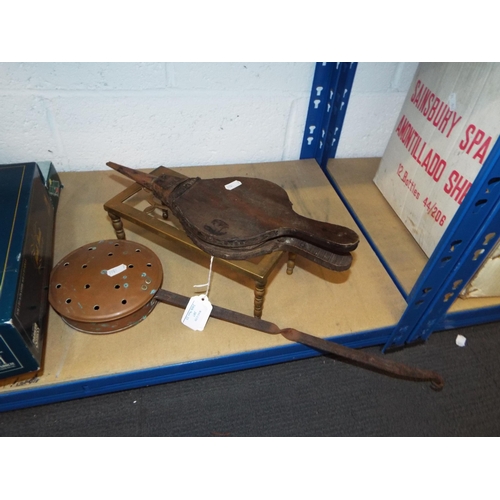 387 - A vintage brass trivet, chestnut roaster and bellows