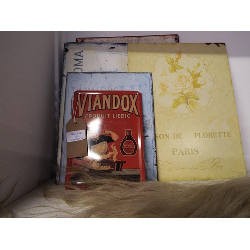 395 - A selection of tin plate signs to include Viandox Product Liebig, Farmers Market etc