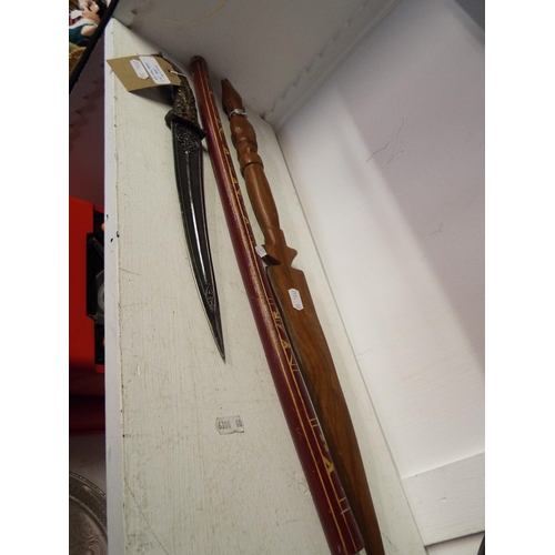 398 - An African tourist flute, wooden spear and ornamental dagger