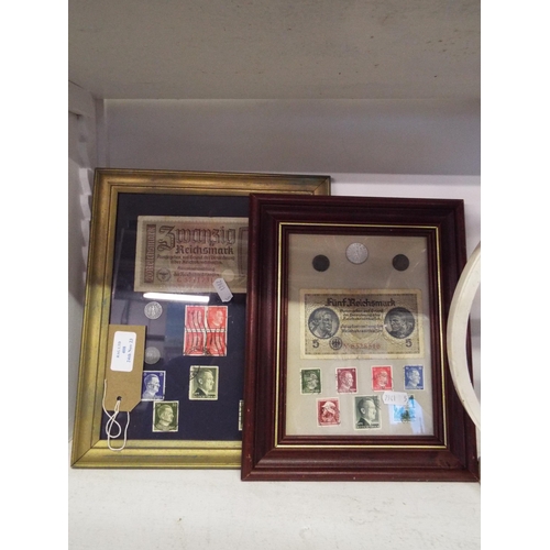 408 - Two framed and glazed German bank notes, coins and stamps