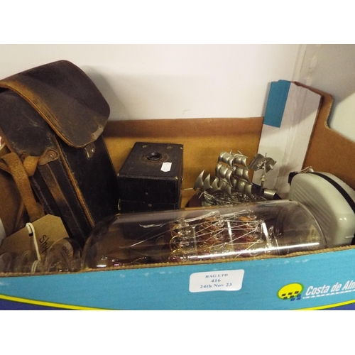 416 - A mixed selection to include vintage cameras, L.A. Rock radio, pewter model of HMS Victor and ship i... 