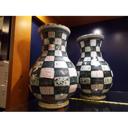 23 - A pair of Rye Pottery 1947-52 'Mosaic' pattern vases 10 1/2