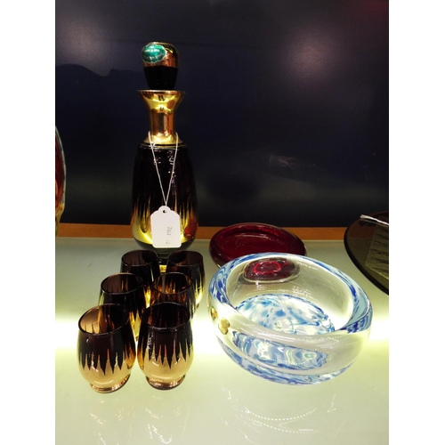 50 - A purple and gold decorated glass liqueur set, Whitefriars ruby red dish and a blue and clear glass ... 