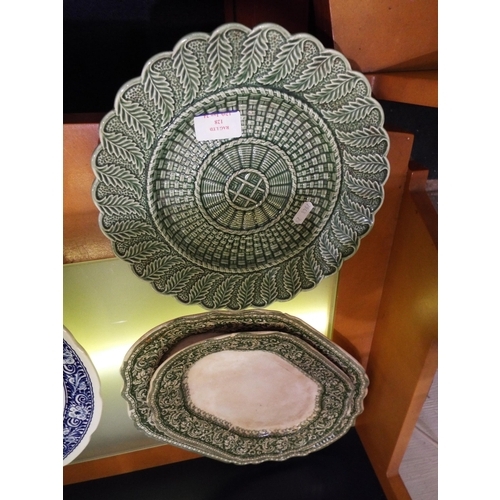 128 - Two W & E Corn meat platters and a woven basket plate