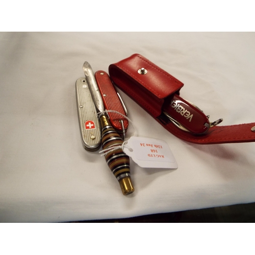 168 - Three Swiss Army penknives and a prisoner of war made letter opener