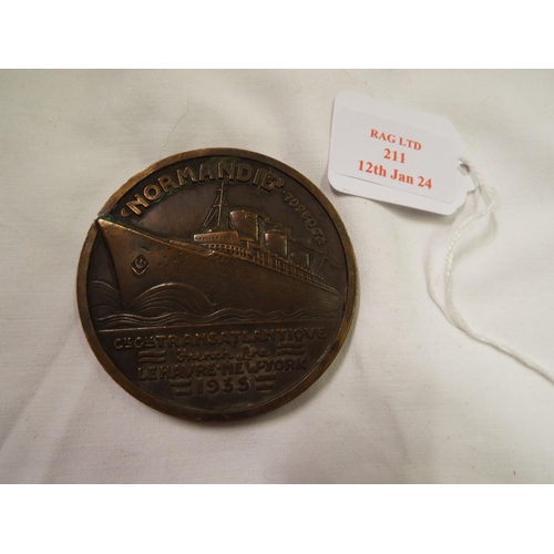 211 - A WWII bronze medal celebrating the S.S. Normandy French passenger liner commandeered by the U.S.A