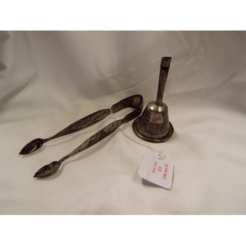 215 - A silver bell shaped whistle with makers mark MK together with a pair of silver sugar tongs