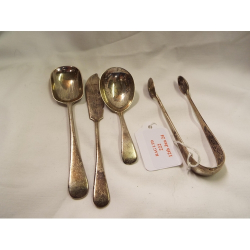 222 - A London silver jam, caddie spoon, sugar tongs and butter knife 3.8 oz