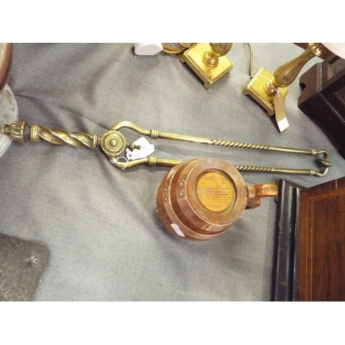 360 - A pair of brass fire tongs together with an oak lidded tankard