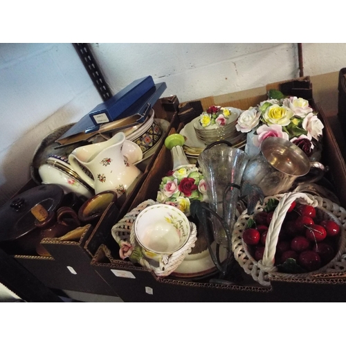 445 - Two boxes of assorted china to include posy ornaments, Worcester cake plate and server etc