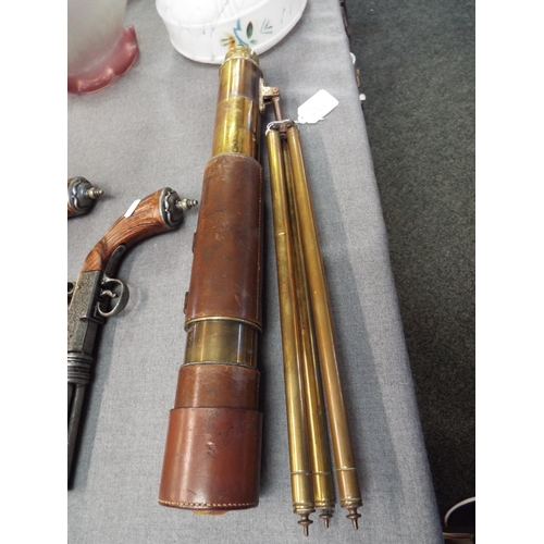 346 - A brass five drawer telescope with leather outer case and tri-pod marked Dolland of London