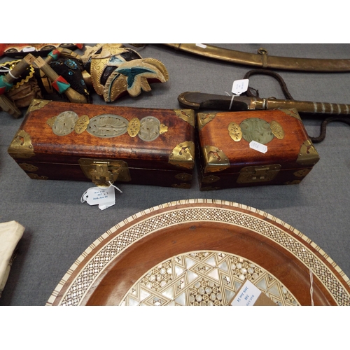 347 - Two ornate brass mounted boxes with jade tablet insets