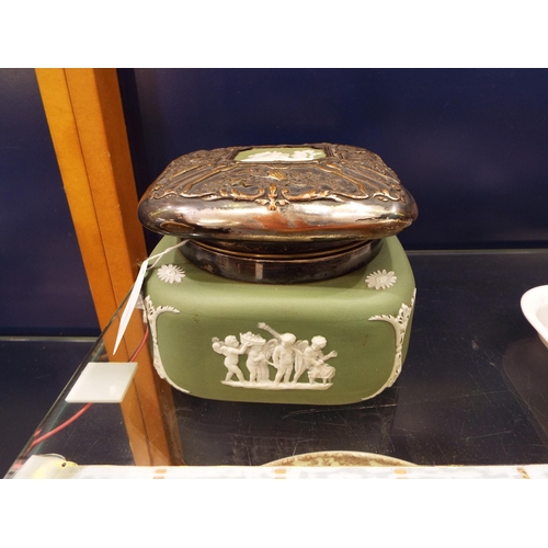 35 - A c1880 silver-plated lidded sage green Wedgwood jar