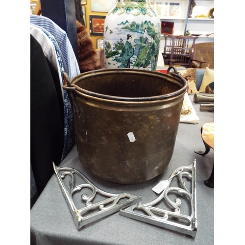 353 - A vintage brass bucket and a pair of plated wall brackets