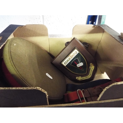 386 - A pair of vintage field binoculars, commando shield, military officers hat and two belts