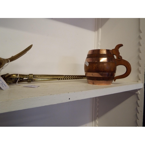 415 - A pair of brass fire tongs together with an oak lidded tankard