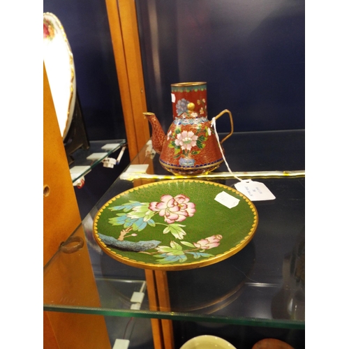 50 - A cloisonné teapot, spill vase and a dish