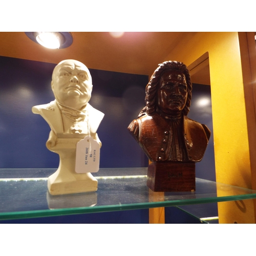 58 - A carved wooden bust of Bach and a bust of Winston Churchill