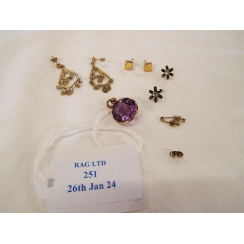 251 - Three pairs of 9ct gold earrings one having sapphire and clear stone floral decoration, tree bark de... 