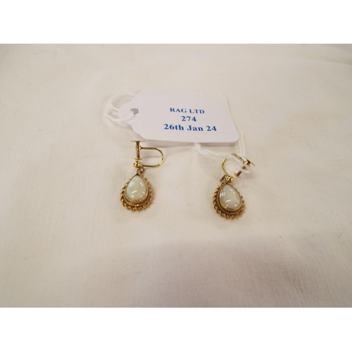 274 - A pair of 9k gold earrings inset with opal