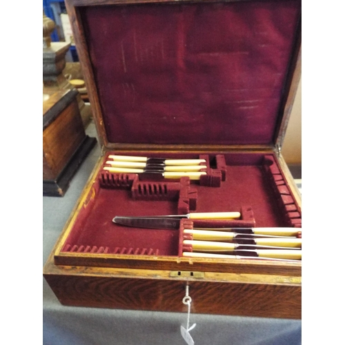 317 - A good quality oak and velvet lined canteen with a selection of bone handle knives (with key)