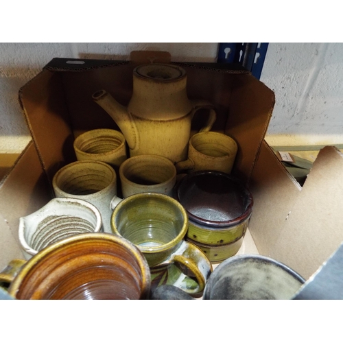 393 - A selection of studio pottery mugs, coffee pot etc