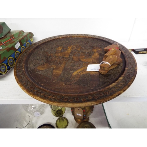 420 - A Pokerwork and carved folk art plate and a wooden bear