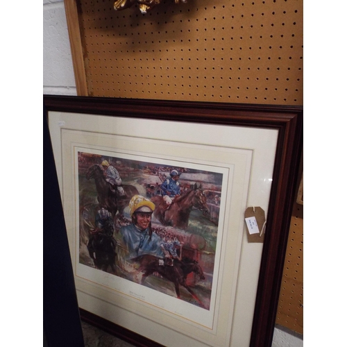 451 - A mounted framed and glazed 'Willie Carson O.B.E 4 Derby Winners', signed Clare Eva Burton