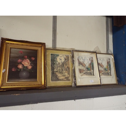 452 - Three framed coloured prints of Rye and a still life oil painting