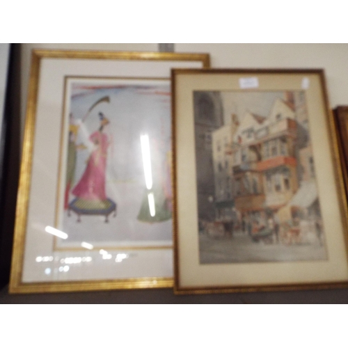 453 - A print of 'Fleet Street' Ernest George 1886 and a print 'Lady Smoking' HUQUA both mounted framed an... 