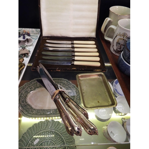 114 - A set of six Mappin & Webb knives together with a boxed bone handled set and a pin dish