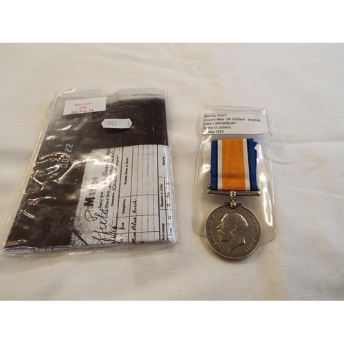 136 - A Royal Navy 1914-1918 medal awarded to SN DUFFILED M16740 cook's mate on HMS Canterbury Battle of J... 