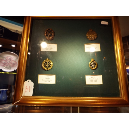 144 - Four framed military cap badges to include WWI and WWII W.A.A.C 1916-1918, A.T.S 1938-1949 etc