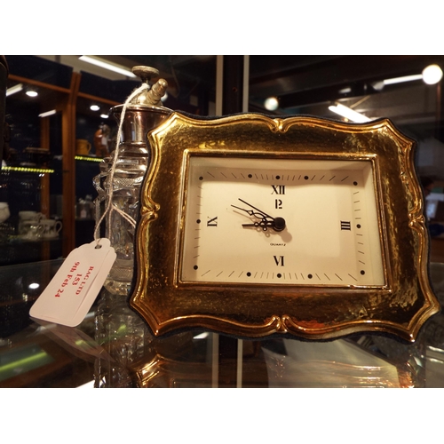 153 - A white metal framed Quartz clock and a cut glass atomiser