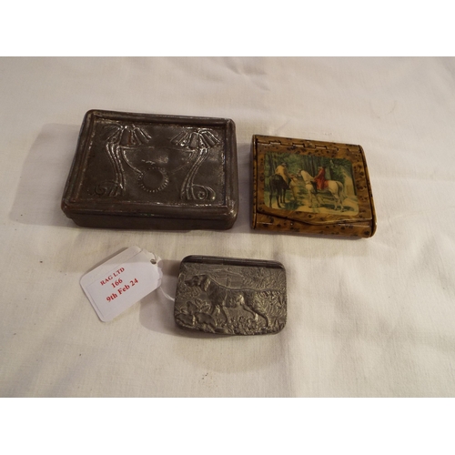 166 - A vintage pewter snuff box having hunting scene decoration together with another depicting rural sce... 