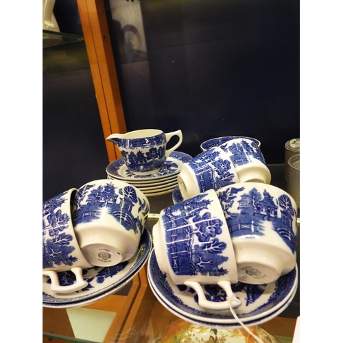 34 - A Tams Ware blue and white six piece tea-set having Oriental decoration comprising of cups, saucers,... 