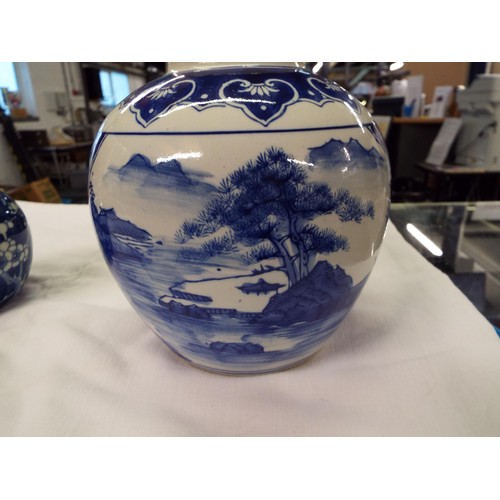 1 - A Chinese ginger jar with prunus decoration together with an Oriental blue and white jar