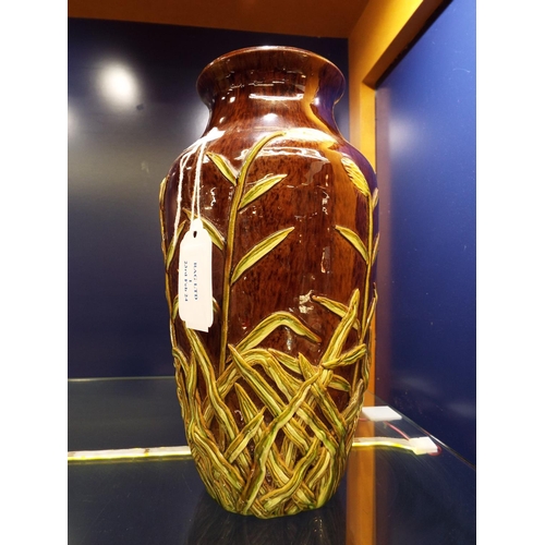 1 - A rare circa 1904 Rye Pottery brown glazed vase, the body decorated with overlaid green reeds and gr... 