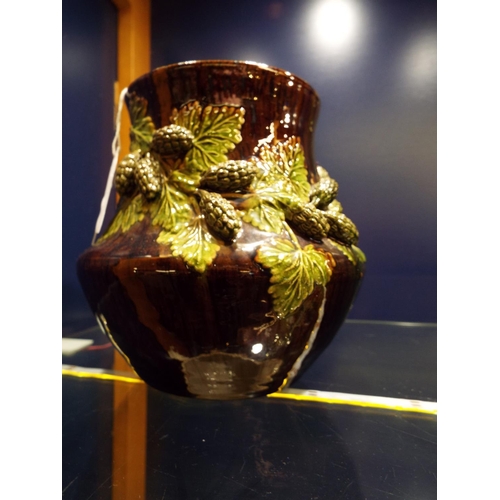 20 - A circa 1900s Rye Pottery brown glazed vase having applied hop and vine decoration, 1 hop A/F 6 1/2