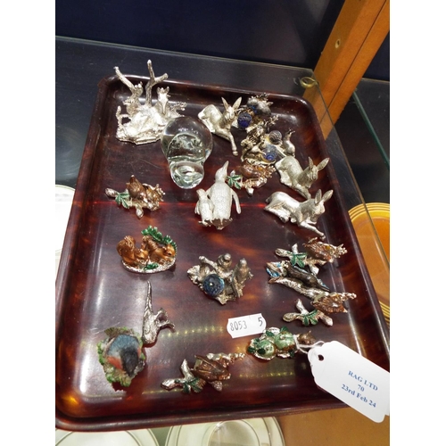 70 - A selection of white metal figures to include penguins, donkeys, birds etc and a glass hippo