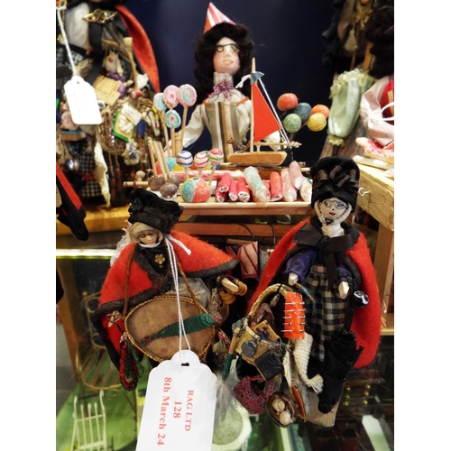 128 - Two small Pedlar dolls portraying the Cryes Of London and Inerant Merchants of Early England and Ame... 