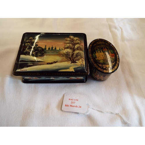 217 - Two Russian lacquered boxes with pictorial scenes one signed Fedoskino