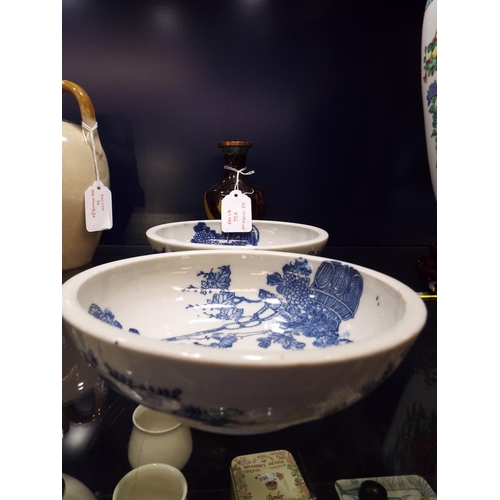 55A - A pair of Oriental blue and white china bowls together with a cloisonné vase with dragons chasing a ... 